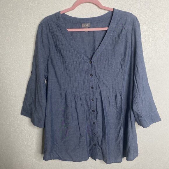 J Jill Chambray Tunic Top Womens L Blue Cotton Button Up Roll Tab Sleeves - Picture 5 of 9